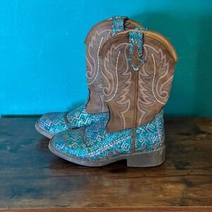 Roper Kids Girls Glitter Aztec Western Cowboy Boots - Blue/Brown Size 11